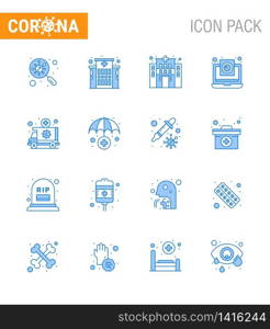 Coronavirus Awareness icon 16 Blue icons. icon included vehicle, medical, coronavirus, emergency, virus viral coronavirus 2019-nov disease Vector Design Elements