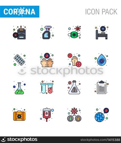 Coronavirus Awareness icon 16 Flat Color Filled Line icons. icon included drugs, hospital bed, virus, bed, safety viral coronavirus 2019-nov disease Vector Design Elements