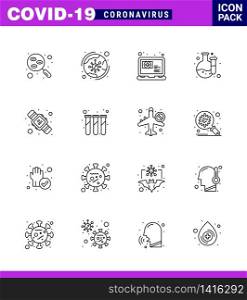 Coronavirus Awareness icon 16 Line icons. icon included hands hygiene, lab, covid, chemical, question viral coronavirus 2019-nov disease Vector Design Elements