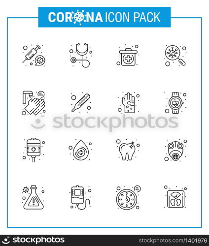 Coronavirus Awareness icon 16 Line icons. icon included washing, hands, kit, search, germs viral coronavirus 2019-nov disease Vector Design Elements