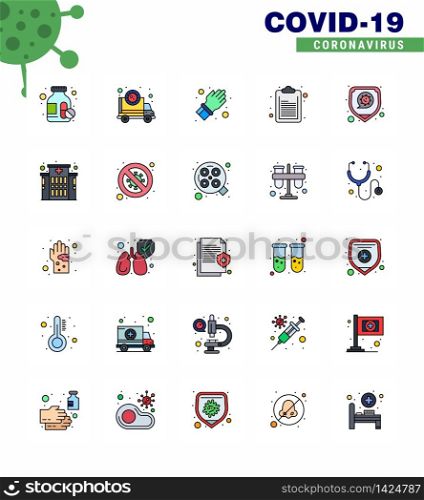 Coronavirus Awareness icon 25 Flat Color Filled Line icons. icon included safety, disease, glove, list, check list viral coronavirus 2019-nov disease Vector Design Elements