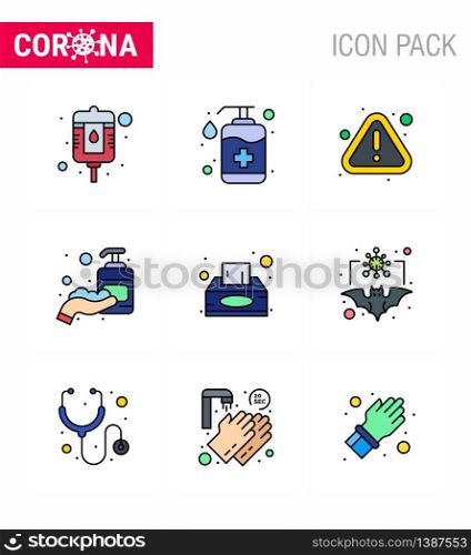 Coronavirus Awareness icon 9 Filled Line Flat Color icons. icon included napkin, sanitizer, error, hand sanitizer, corona viral coronavirus 2019-nov disease Vector Design Elements
