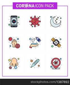 Coronavirus Awareness icon 9 Filled Line Flat Color icons. icon included clean, bacteria, night, hands, dirty viral coronavirus 2019-nov disease Vector Design Elements
