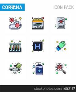 Coronavirus Awareness icon 9 Filled Line Flat Color icons. icon included medicine, tubes, schedule, test, blood viral coronavirus 2019-nov disease Vector Design Elements