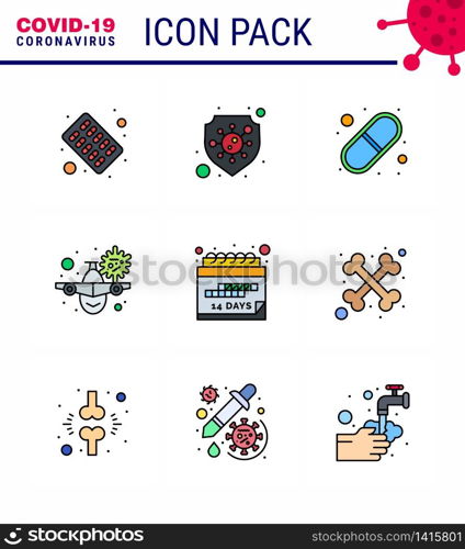 Coronavirus Awareness icon 9 Filled Line Flat Color icons. icon included date, warning, capsule, vacation, airplane viral coronavirus 2019-nov disease Vector Design Elements