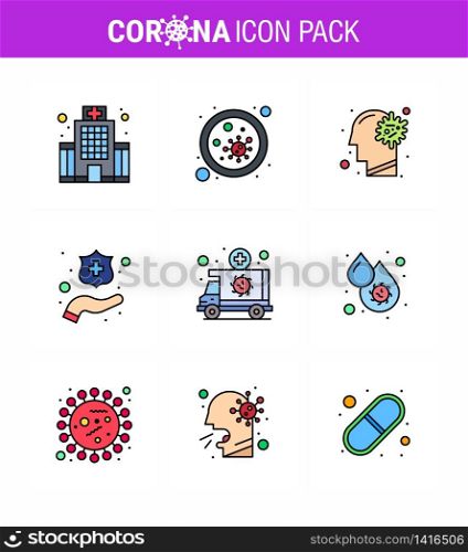 Coronavirus Awareness icon 9 Filled Line Flat Color icons. icon included ambulance, hands, virus, protect hands, virus viral coronavirus 2019-nov disease Vector Design Elements