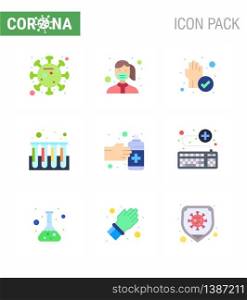 Coronavirus Awareness icon 9 Flat Color icons. icon included gestures, test, wear, experiment, cleaned viral coronavirus 2019-nov disease Vector Design Elements