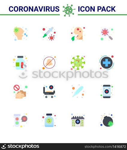 Coronavirus awareness icons. 16 Flat Color icon Corona Virus Flu Related such as magnifying, glass, vomit, devirus, people viral coronavirus 2019-nov disease Vector Design Elements