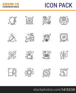 Coronavirus awareness icons. 16 Line icon Corona Virus Flu Related such as tablets, medicine, doorknob, shield, medical viral coronavirus 2019-nov disease Vector Design Elements