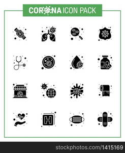 Coronavirus awareness icons. 16 Solid Glyph Black icon Corona Virus Flu Related such as diagnosis, shield, blood, safeguard, test viral coronavirus 2019-nov disease Vector Design Elements