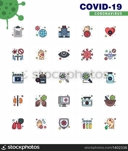 Coronavirus awareness icons. 25 Flat Color Filled Line icon Corona Virus Flu Related such as love, virus, building, covid, bacteria viral coronavirus 2019-nov disease Vector Design Elements