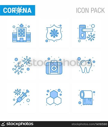 Coronavirus awareness icons. 9 Blue icon Corona Virus Flu Related such as emergency, infection, doorknob, covid, bacteria viral coronavirus 2019-nov disease Vector Design Elements