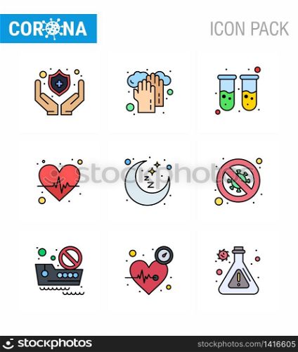 Coronavirus awareness icons. 9 Filled Line Flat Color icon Corona Virus Flu Related such as sleep, moon, blood test, heart care, heart viral coronavirus 2019-nov disease Vector Design Elements