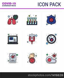 Coronavirus awareness icons. 9 Filled Line Flat Color icon Corona Virus Flu Related such as packet, blood, safeguard, appointment, online viral coronavirus 2019-nov disease Vector Design Elements