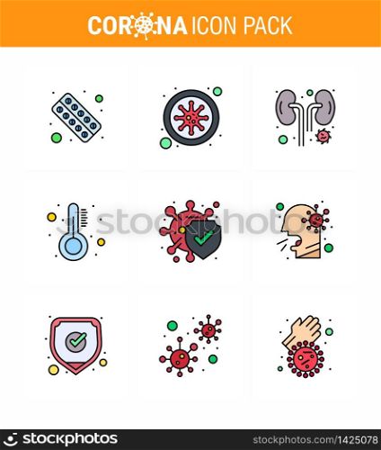 Coronavirus awareness icons. 9 Filled Line Flat Color icon Corona Virus Flu Related such as thermometer, medicine, covid, healthcare, infection viral coronavirus 2019-nov disease Vector Design Elements