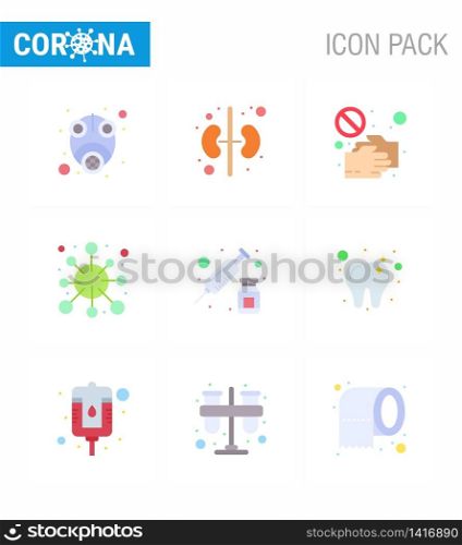 Coronavirus awareness icons. 9 Flat Color icon Corona Virus Flu Related such as corona, disease, covid, antigen, shake hand viral coronavirus 2019-nov disease Vector Design Elements