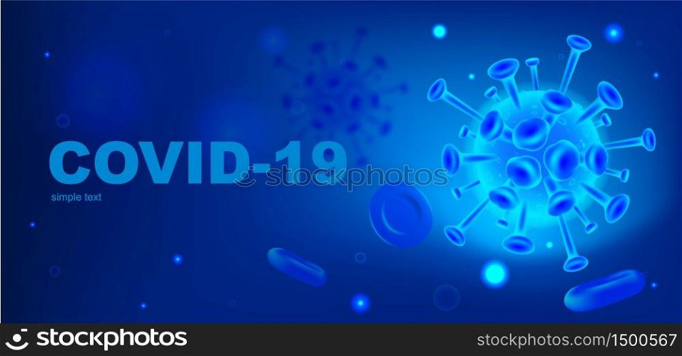 Coronavirus cell realistic vector banner template. Viral disease. Contagious flu infection pandemic 3d mock up design. Covid 19 advertisement horizontal printable flyer, brochure with text space. Coronavirus cell realistic vector banner template