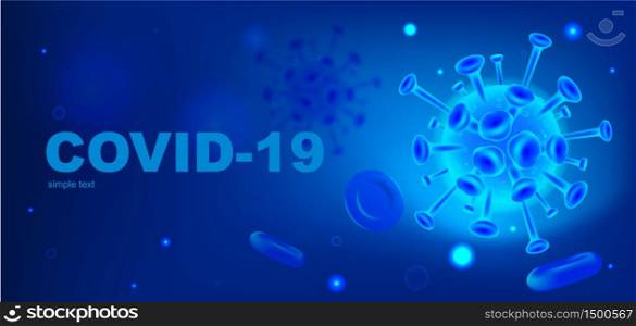 Coronavirus cell realistic vector banner template. Viral disease. Contagious flu infection pandemic 3d mock up design. Covid 19 advertisement horizontal printable flyer, brochure with text space. Coronavirus cell realistic vector banner template