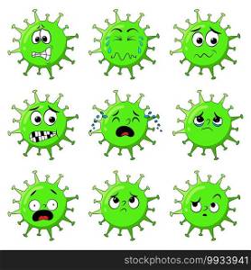 Coronavirus character showing worry and afraid expression. Cartoon set of stressed virus mascot with different face emotion like nervous, confused. Vector illustration isolated on white background.