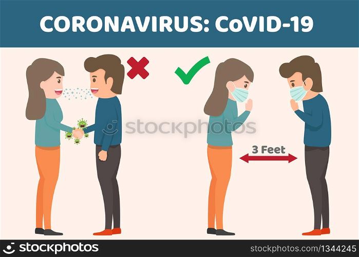 Coronavirus : CoV infographics elements, human are showing good practice protect of coronavirus disease. health and medical. Novel Coronavirus 2019. Pneumonia disease. CoVID-19 Virus outbreak spread.