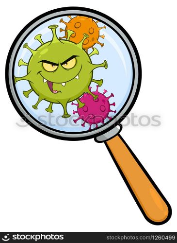 Coronavirus (COVID-19) Cartoon Character of Pathogenic Bacteria Under Magnifying Glass. Vector Illustration Isolated On White Background