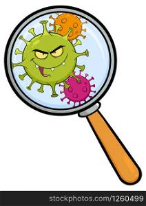 Coronavirus (COVID-19) Cartoon Character of Pathogenic Bacteria Under Magnifying Glass. Vector Illustration Isolated On White Background
