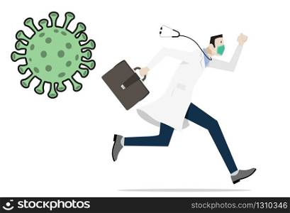 Coronavirus Covid-19 Concept. Doctor wearing protective face mask escapes from SARS-CoV-2 virus.