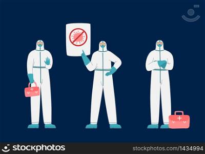 Coronavirus covid-19 concept - doctors or scientists in medical robe and protective suits and masks point to information poster, epidemic control, flat cartoon people isolated - vector illustration. Coronavirus covid 2019 doctors