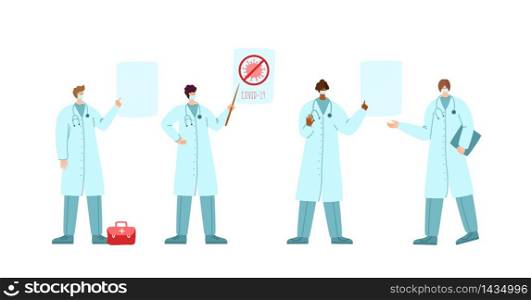 Coronavirus covid-19 concept - doctors or scientists in medical robe and protective facial masks point to information poster, epidemic control, flat cartoon people isolated - vector illustration. Coronavirus covid 2019 doctors