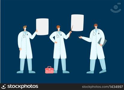 Coronavirus covid-19 concept - doctors or scientists in medical robe and protective facial masks point to information poster, epidemic control, flat cartoon people isolated - vector illustration. Coronavirus covid 2019 doctors
