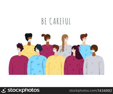 Coronavirus covid-19 concept - women and men in crowd, group of people in medical protective face mask together, flat cartoon characters isolated on white - vector illustration. Coronavirus covid 2019 doctors