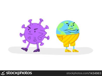 Coronavirus covid-19 economic crisis concept - angry virus and sad planet Earth, global financial situation in the world - funny flat cartoon character spot illustration - vector. Coronavirus covid 2019 earth crisis