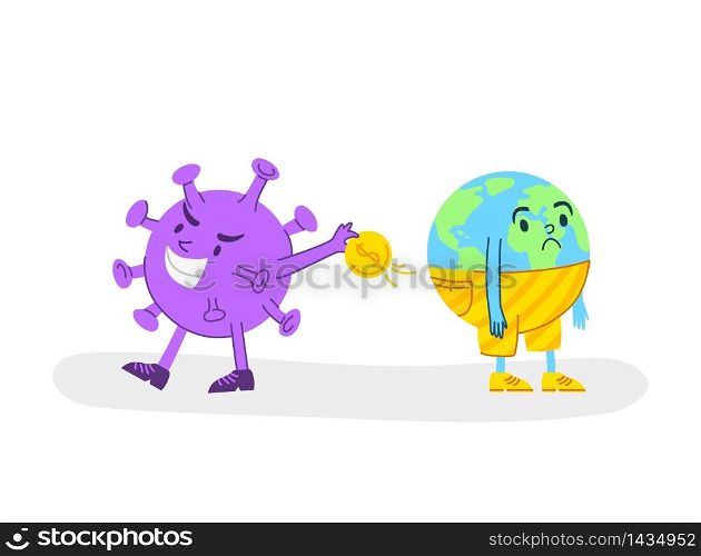 Coronavirus covid-19 economic crisis concept - angry virus stealing gold coin or money from sad planet Earth, evil bacterium and upset globe - funny flat cartoon character spot illustration - vector. Coronavirus covid 2019 earth crisis
