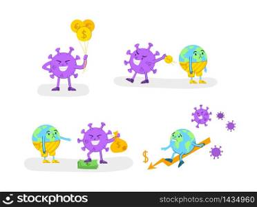 Coronavirus covid-19 economic crisis concept - angry virus stealing gold coin or money from sad planet Earth, evil bacterium and upset globe - funny flat cartoon character spot illustration vector set. Coronavirus covid 2019 earth crisis