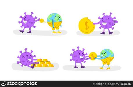 Coronavirus covid-19 economic crisis concept - angry virus stealing gold coin or money from sad planet Earth, evil bacterium and upset globe - funny flat cartoon character spot illustration vector set. Coronavirus covid 2019 earth crisis