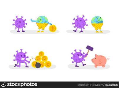 Coronavirus covid-19 economic crisis concept - evil virus and gold coins or money and sad planet Earth, global financial situation in the world - flat cartoon character spot illustration vector set. Coronavirus covid 2019 earth crisis