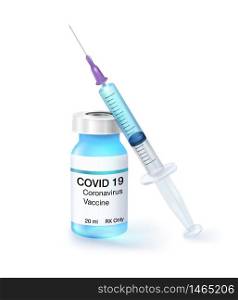 Coronavirus (Covid-19) Vaccine, Syringe and Dose Bottle Vaccine To stop the infection from new strains of virus That is currently spreading around the world. Realistic file.