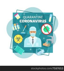 Coronavirus epidemy quarantine medical prevention. 14 days quaratine method after infection of virus, doctor in protective mask, tests and analyzes, hands hygiene and safety glasses. Vector poster. Coronavirus epidemy quarantine vector poster