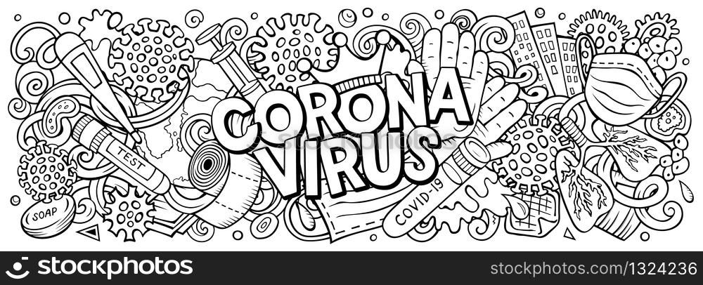 Coronavirus hand drawn cartoon doodles illustration. Quarantine objects and elements poster design. Creative art background. Line art vector banner. Coronavirus hand drawn cartoon doodles illustration. Colorful vector banner