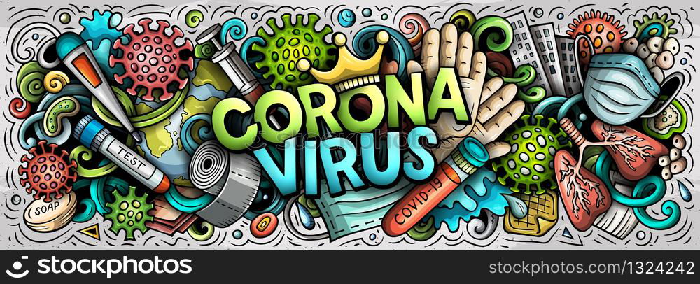 Coronavirus hand drawn cartoon doodles illustration. Quarantine objects and elements poster design. Creative art background. Colorful vector banner. Coronavirus hand drawn cartoon doodles illustration. Colorful vector banner