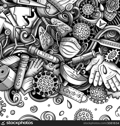 Coronavirus hand drawn vector doodles border. Many elements and objects cartoon frame. Monochrome illustration. All items are separated. Coronavirus hand drawn vector doodles border