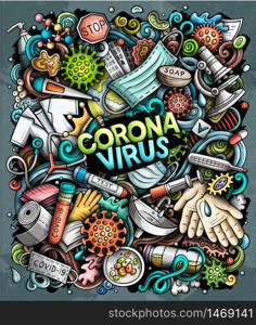 Coronavirus hand drawn vector doodles illustration. Many elements and objects cartoon background. Colorful picture. All items are separated. Coronavirus hand drawn vector doodles illustration