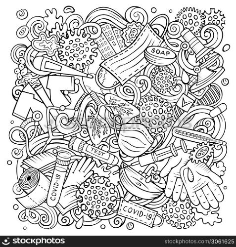 Coronavirus hand drawn vector doodles illustration. Many elements and objects cartoon background. Colorful picture. All items are separated. Coronavirus hand drawn vector doodles illustration