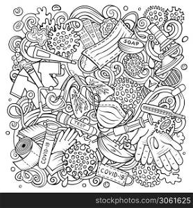 Coronavirus hand drawn vector doodles illustration. Many elements and objects cartoon background. Colorful picture. All items are separated. Coronavirus hand drawn vector doodles illustration