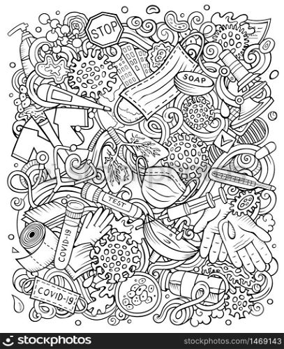 Coronavirus hand drawn vector doodles illustration. Many elements and objects cartoon background. Sketchy picture. All items are separated. Coronavirus hand drawn vector doodles illustration