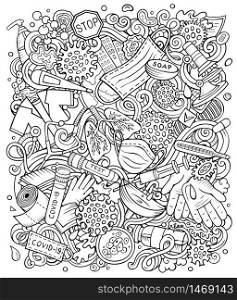Coronavirus hand drawn vector doodles illustration. Many elements and objects cartoon background. Sketchy picture. All items are separated. Coronavirus hand drawn vector doodles illustration