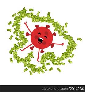 Coronavirus hits economy. Expensive price of Covid-19 pandemic. Red virus cell mascot lying on banknotes heap. Costs of quarantine. Financial losses. Economic recession and collapse. Vector concept. Coronavirus hits economy. Expensive price of Covid-19 pandemic. Virus cell mascot lying on banknotes heap. Costs of quarantine. Financial losses. Economic recession. Vector concept