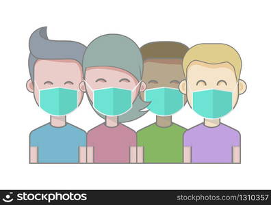 Coronavirus in China. Young People in Green Medical Face Mask. Concept of Coronavirus Quarantine Vector Illustration.