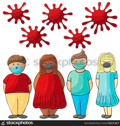 Coronavirus in humans. Men and women, coronavirus bacteria in hand draw style. Coronavirus. Vector illustration of the problem of coronavirus