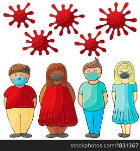 Coronavirus in humans. Men and women, coronavirus bacteria in hand draw style. Coronavirus. Vector illustration of the problem of coronavirus